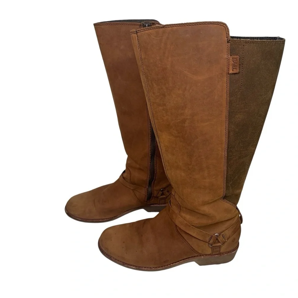 Teva De La Vina Dos Tall Bison Waterproof Leather Brown Over the Knee Boots SZ 9